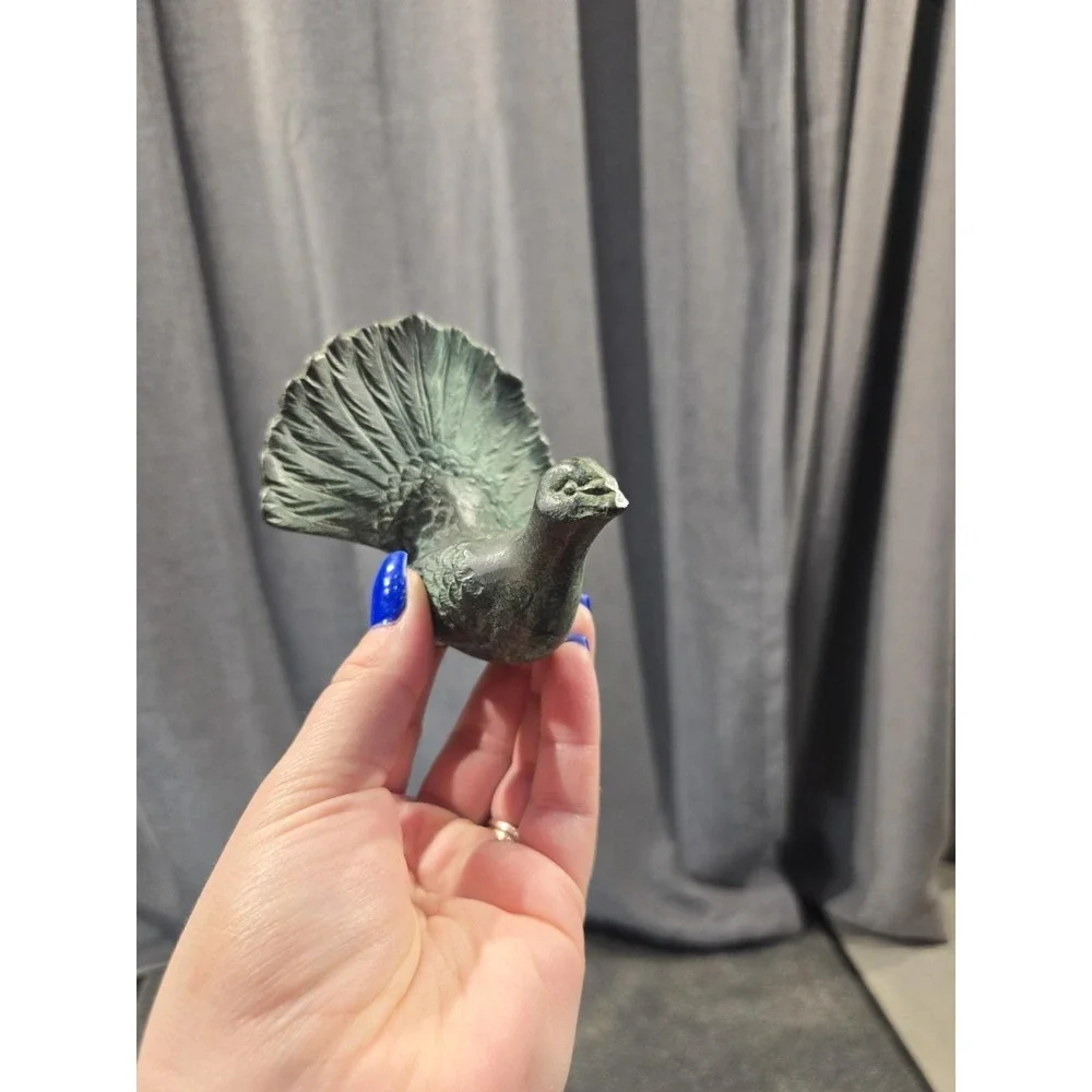 Vintage Solid Brass Pheasant Figurine Green Patina Game Bird Statue Rustic Cabin